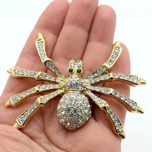 TARANTULA gold-tone rhinestone brooch - huge 3" green-eyed spider bug insect pin